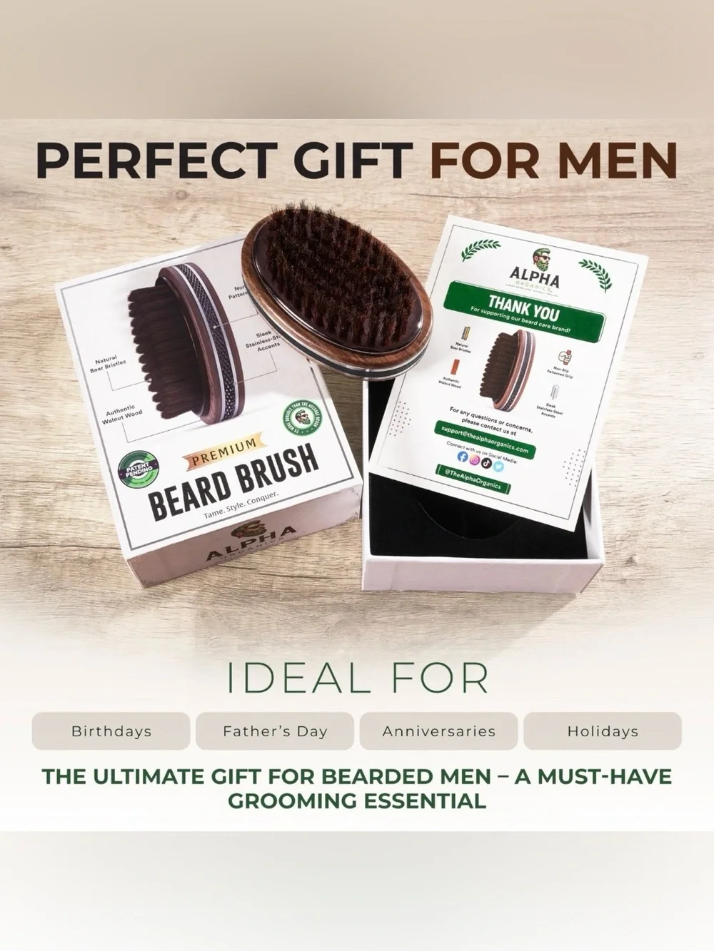Alpha Organics Premium Beard Brush | Natural Boar Bristle & Walnut Wood NIB